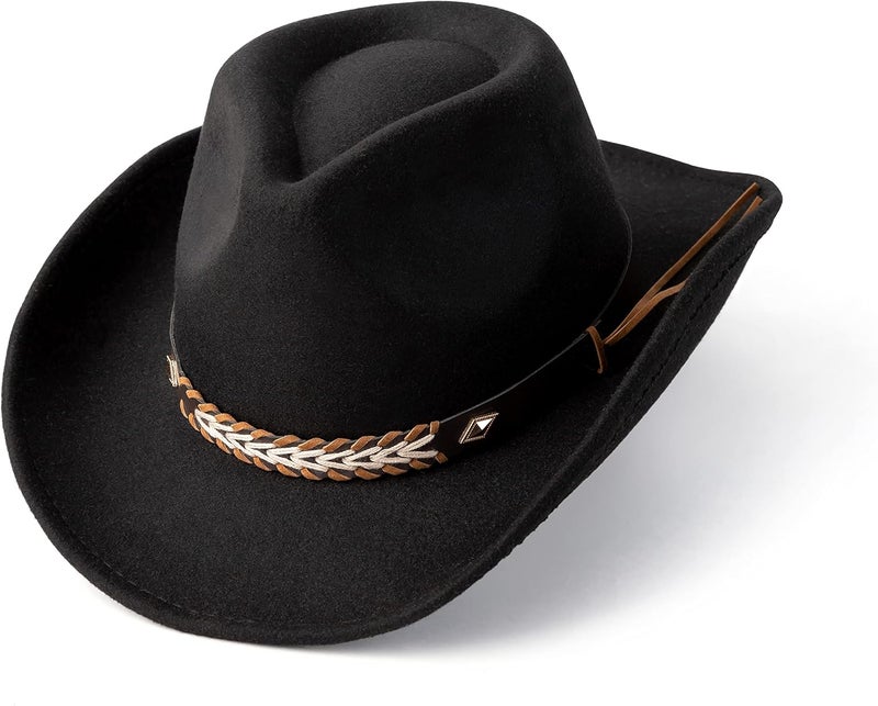 Gossifan Western Cowboy & Cowgirl Hat Felt Wide Brim Women Men Fedora Hats - Image 1